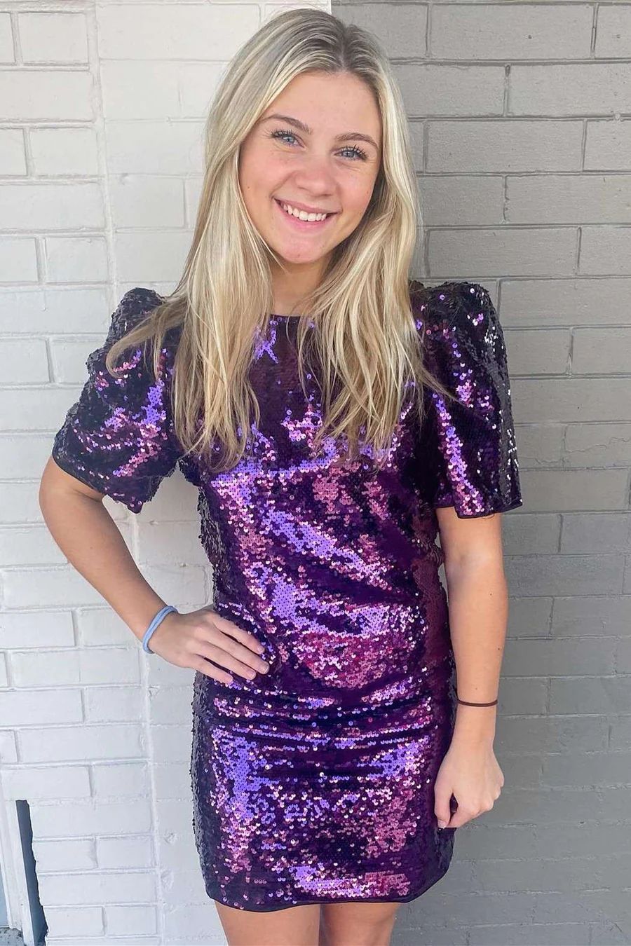 Short Sleeves Purple Sequins Homecoming Dress