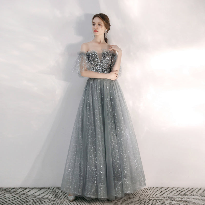Silver Gray Sparkly Sequins Prom Dress