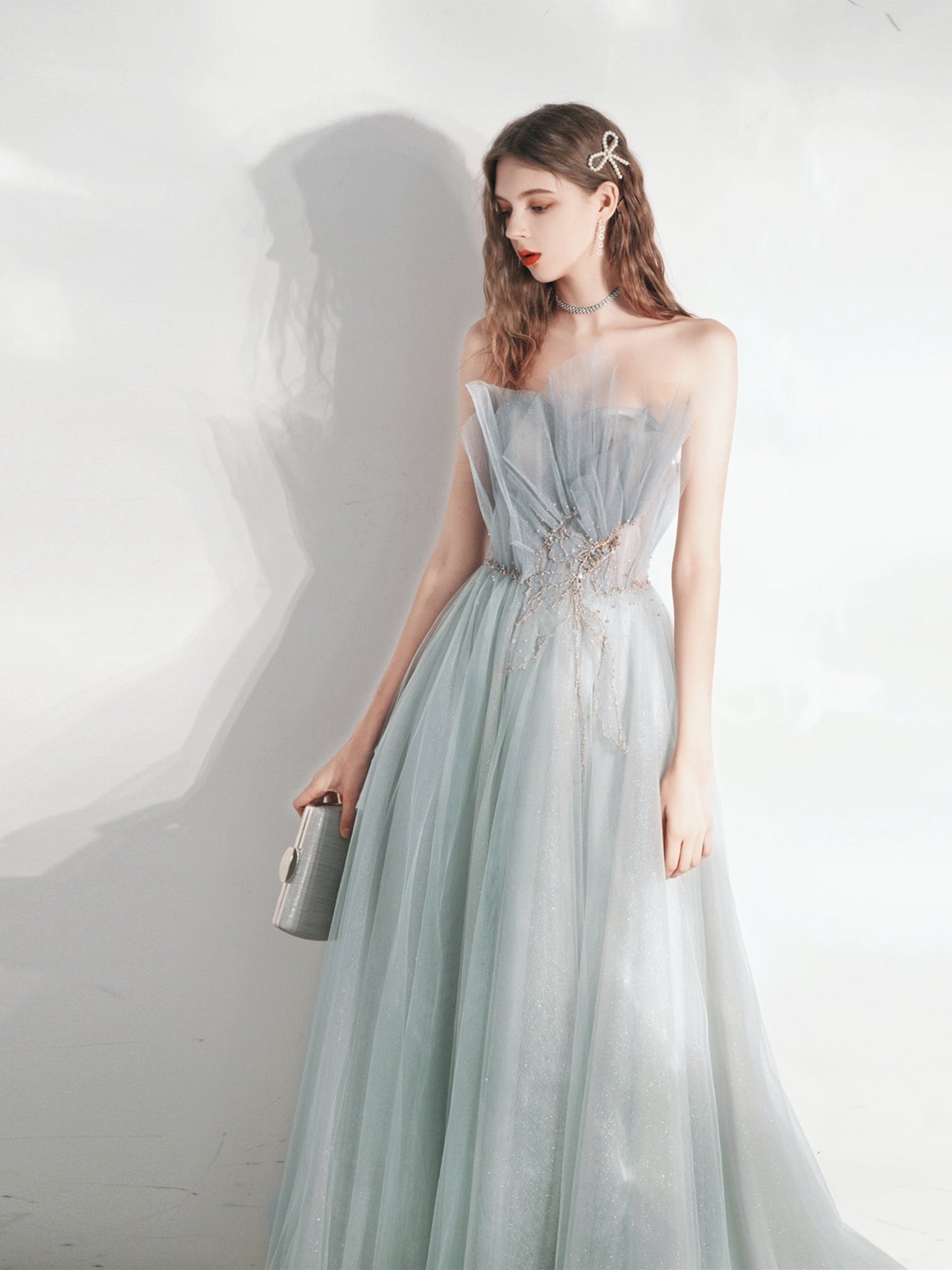 Silver Grey Strapless Occasion Prom Dress Wedding Dress