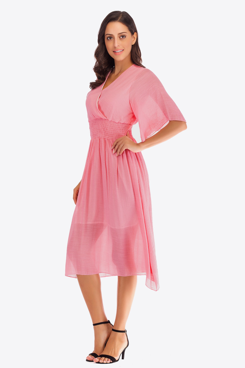 Smocked Flutter Sleeve V-Neck Dress