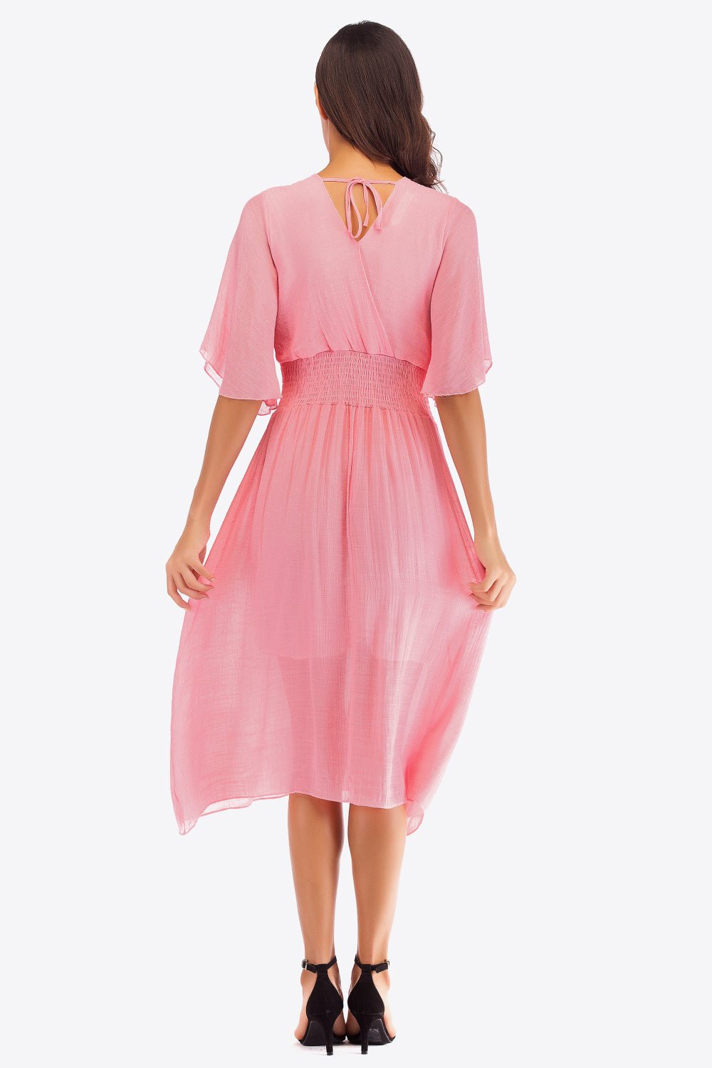 Smocked Flutter Sleeve V-Neck Dress