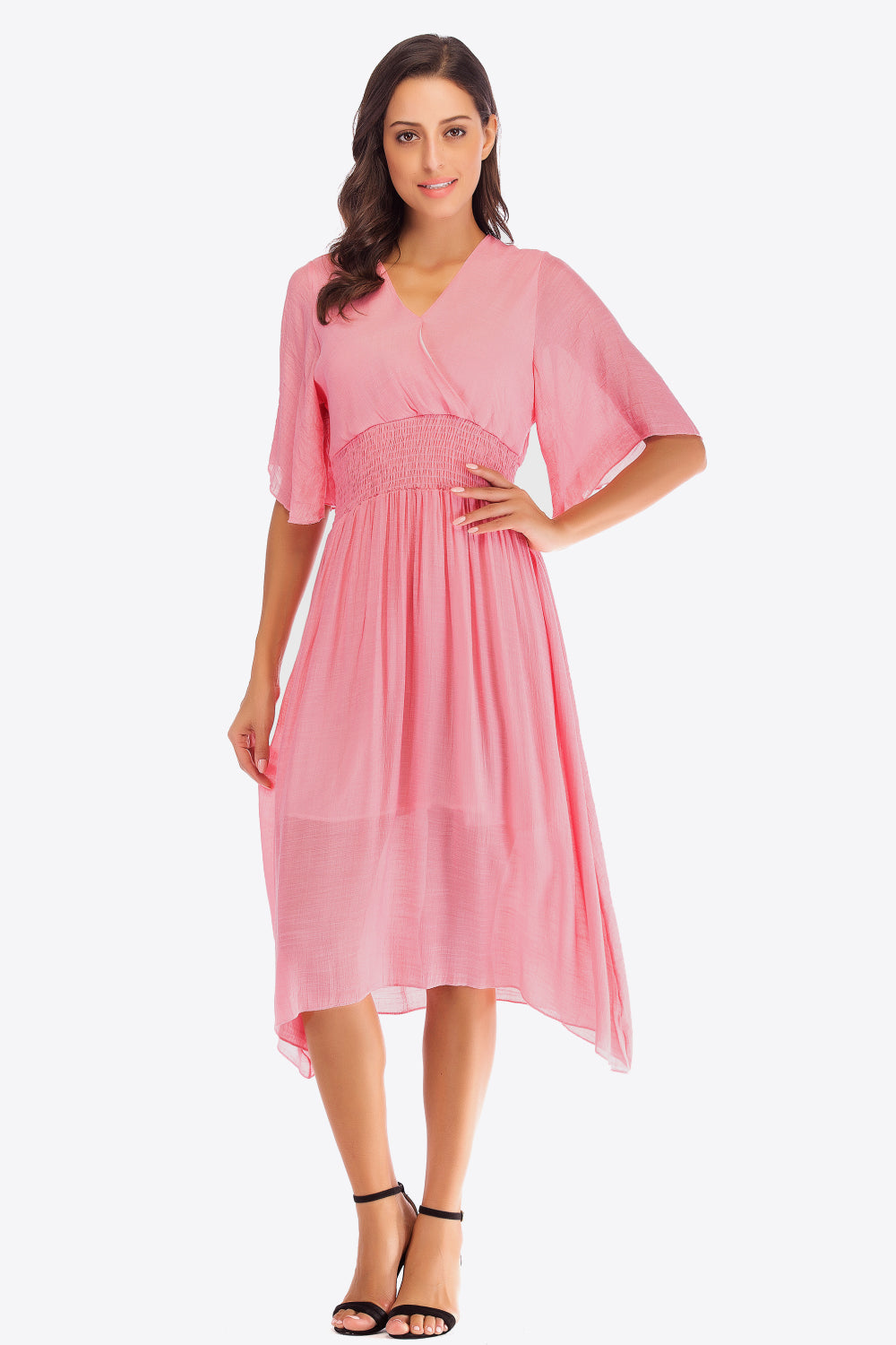 Smocked Flutter Sleeve V-Neck Dress