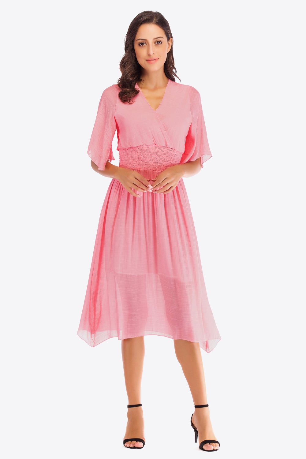 Smocked Flutter Sleeve V-Neck Dress