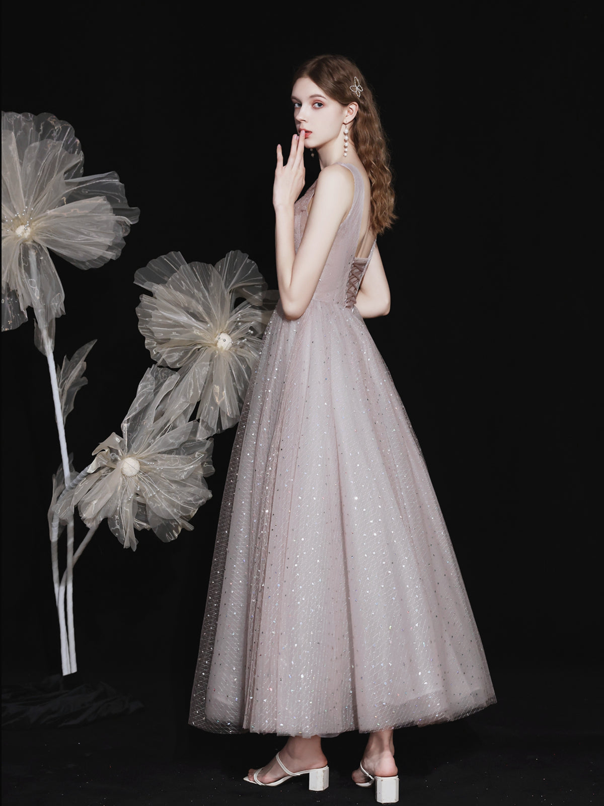 Sparkly Tulle Formal Ankle Length Prom Dress