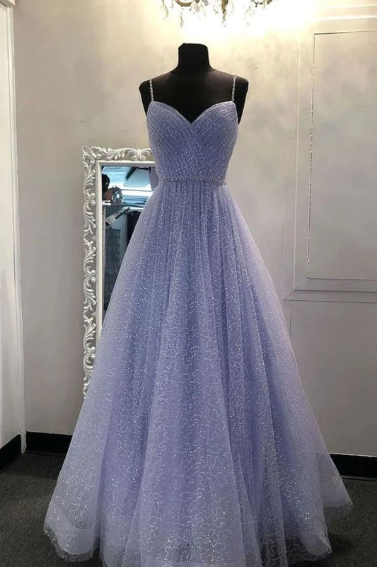 Sparkly Tulle Lavender Formal Prom Dress with Spaghetti Strapes