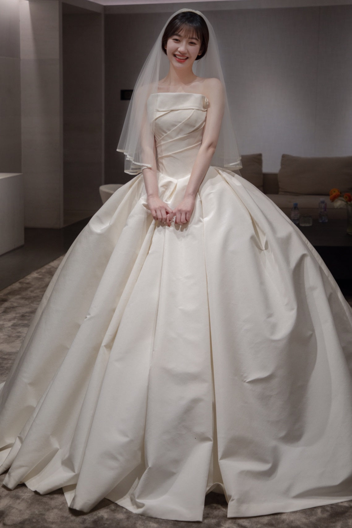 Strapless Silk Ball Gown Cathedral Wedding Dress