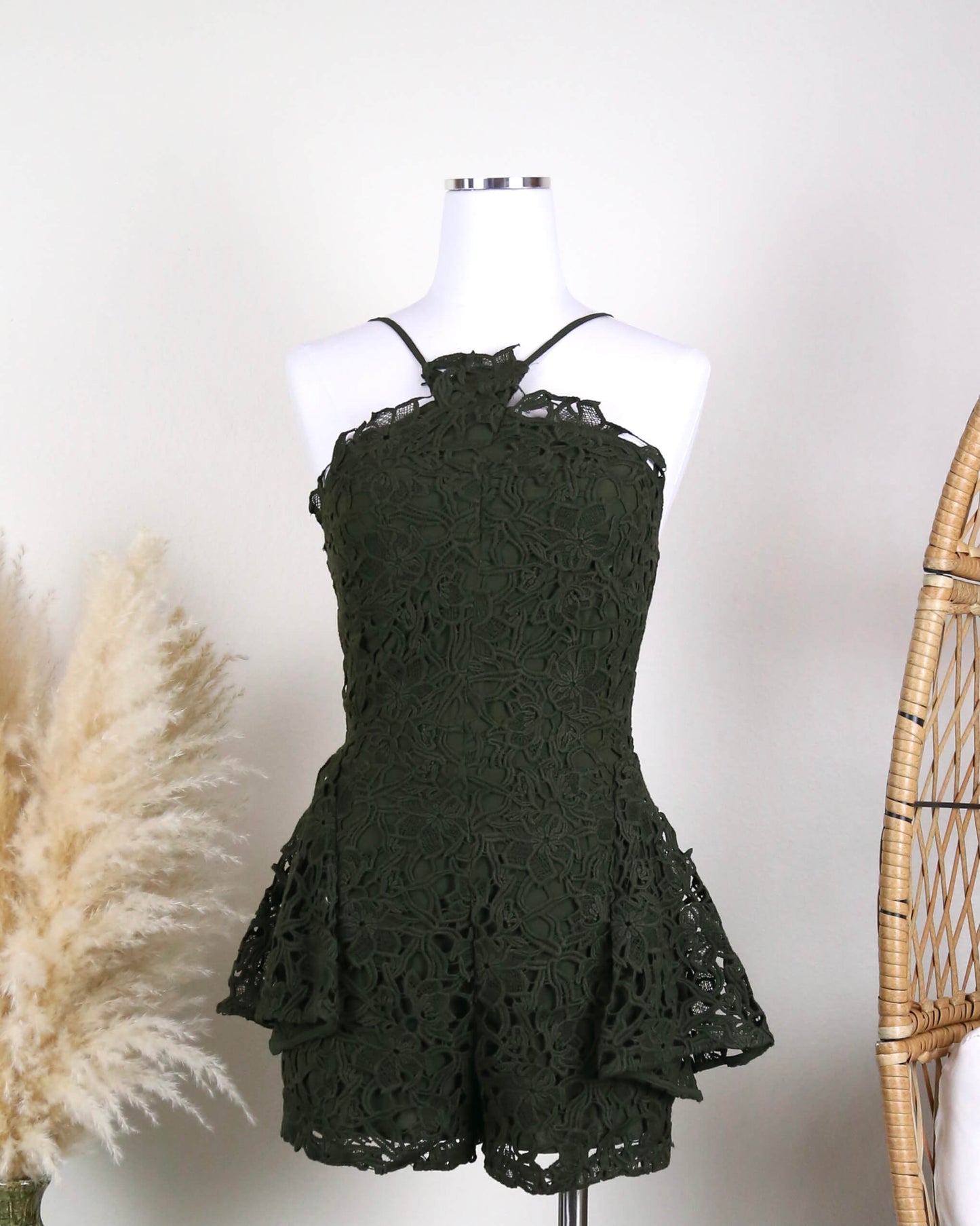 Stylestalker - Thalia Olive Crochet Lace Romper in Olive