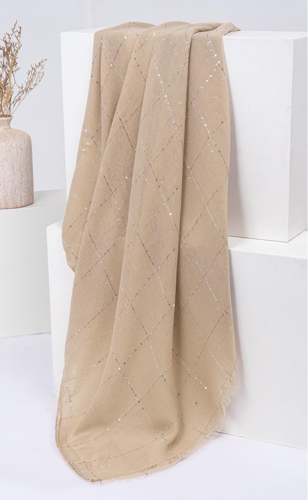 Sequins Grid Hijabs  - Beige