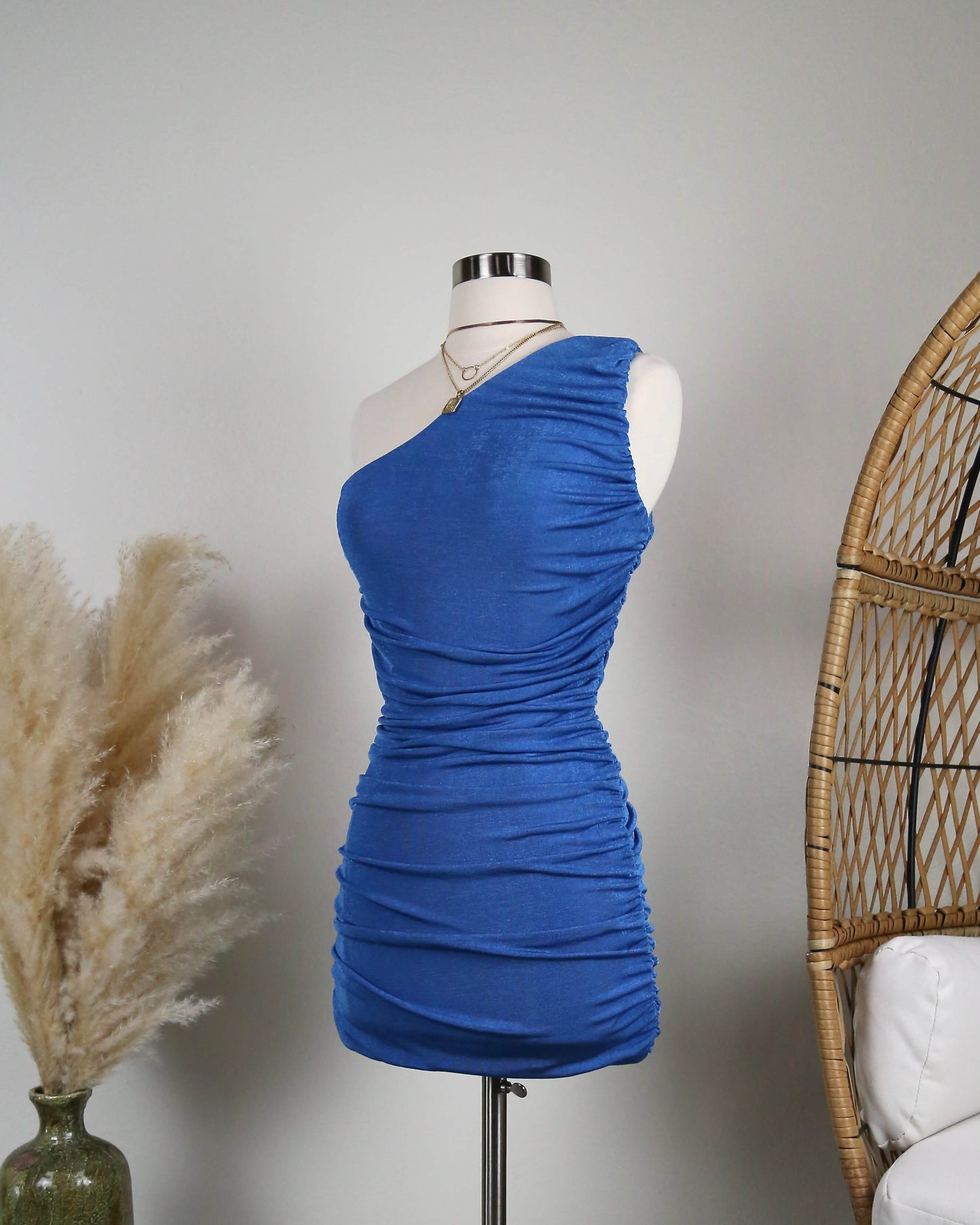 The Goddess Ruched One Shoulder Mini Dress in More Colors