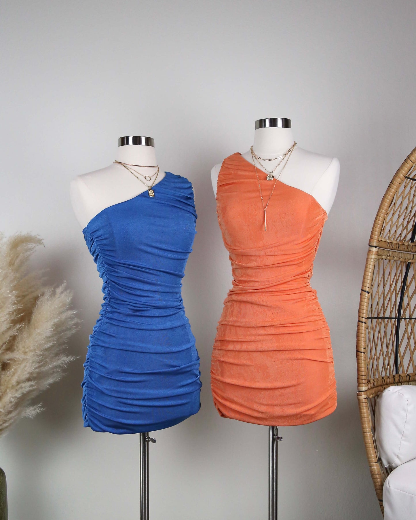 The Goddess Ruched One Shoulder Mini Dress in More Colors