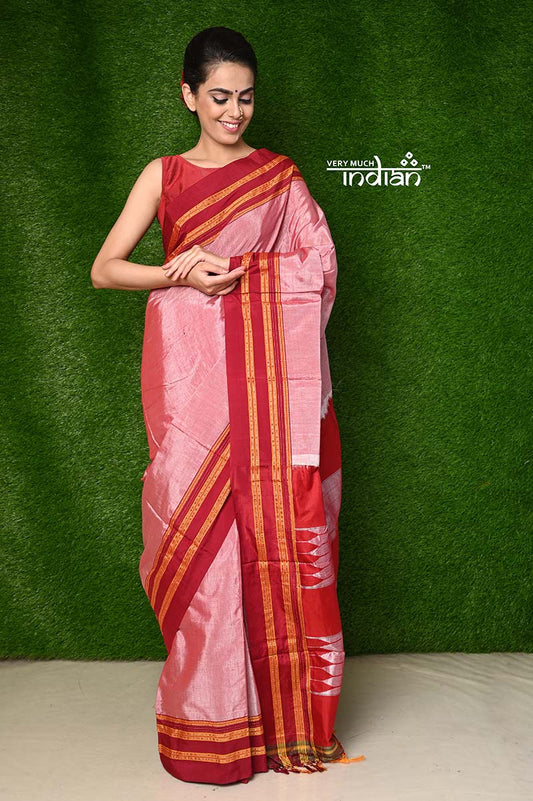 Traditional Cotton Silk Ilkal Handloom - Cotton & Semi Silk Ilkal, Baby Pink Saree with Broad Red Border