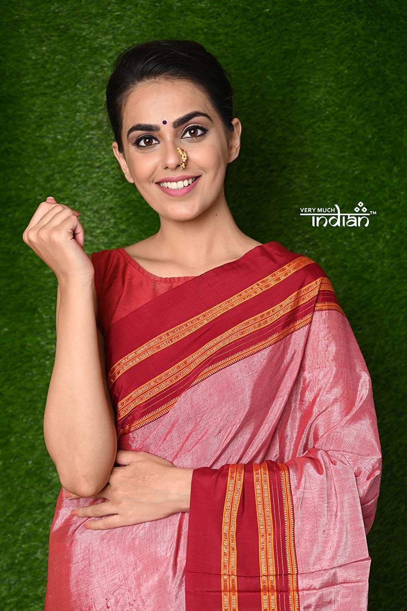 Traditional Cotton Silk Ilkal Handloom - Cotton & Semi Silk Ilkal, Baby Pink Saree with Broad Red Border