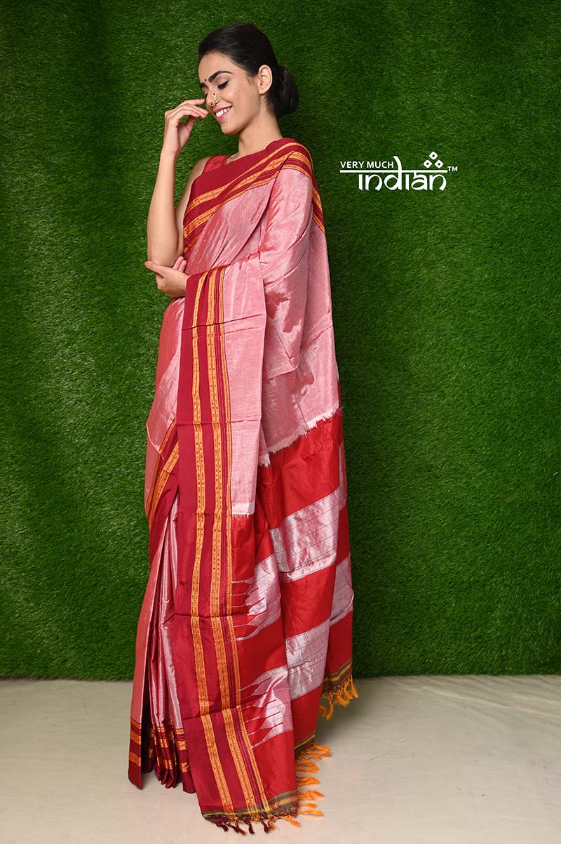 Traditional Cotton Silk Ilkal Handloom - Cotton & Semi Silk Ilkal, Baby Pink Saree with Broad Red Border