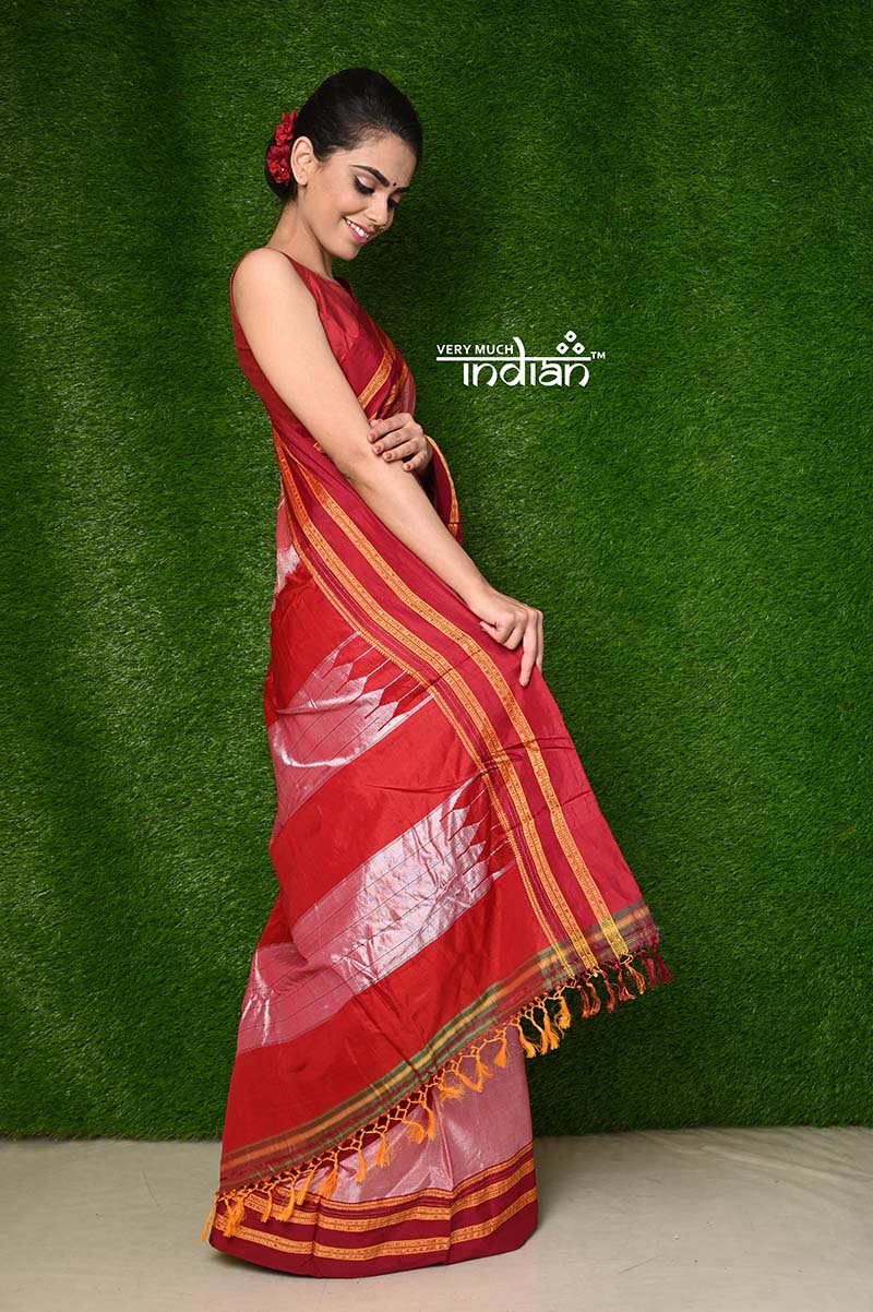 Traditional Cotton Silk Ilkal Handloom - Cotton & Semi Silk Ilkal, Baby Pink Saree with Broad Red Border