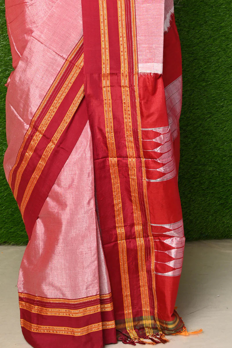 Traditional Cotton Silk Ilkal Handloom - Cotton & Semi Silk Ilkal, Baby Pink Saree with Broad Red Border