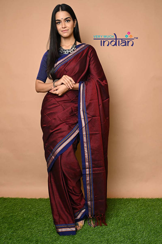 Traditional Khun Saree - Cotton Resham Authentic Handwoven, Maroon with Blue Border