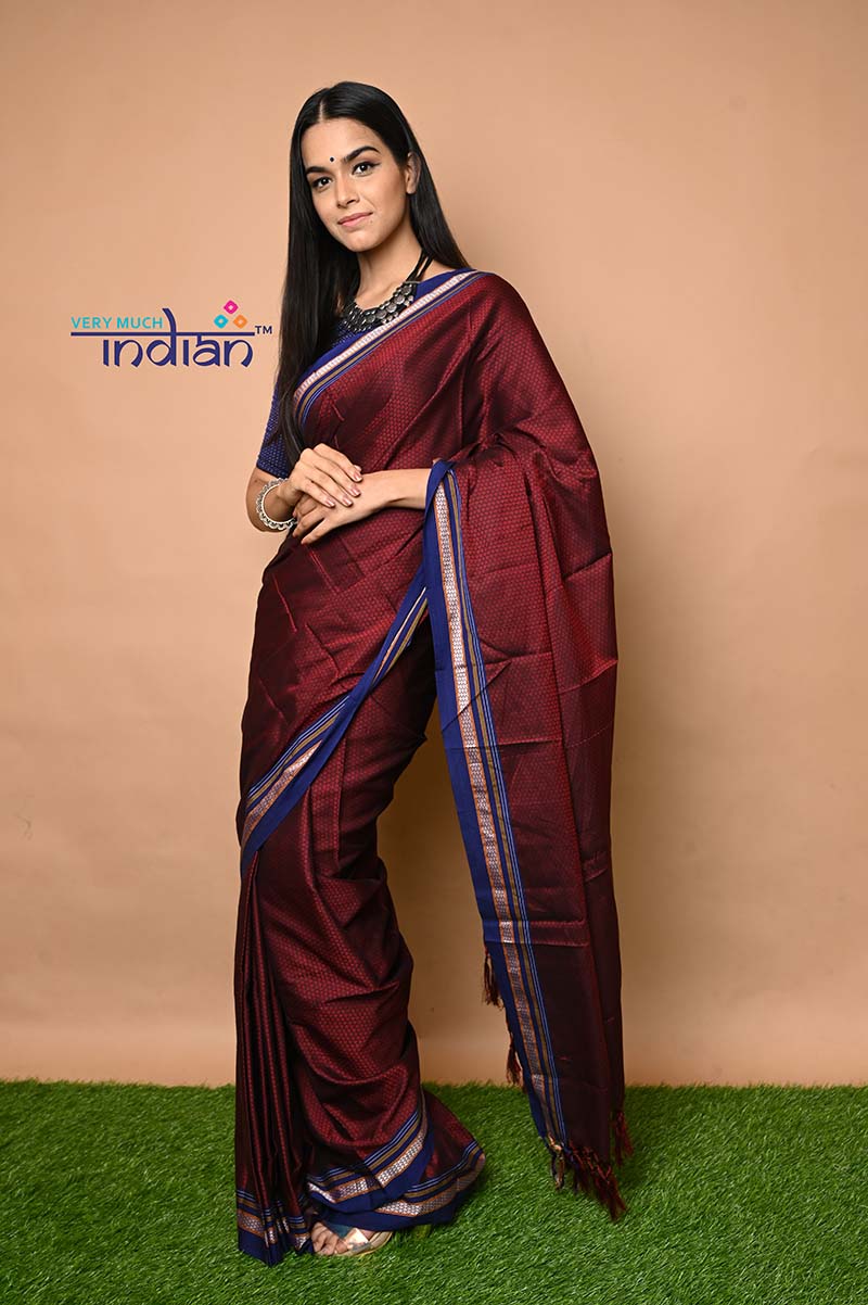 Traditional Khun Saree - Cotton Resham Authentic Handwoven, Maroon with Blue Border