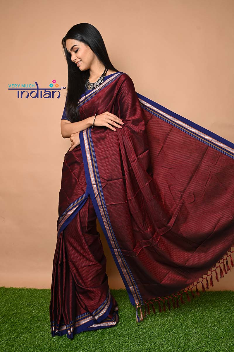 Traditional Khun Saree - Cotton Resham Authentic Handwoven, Maroon with Blue Border