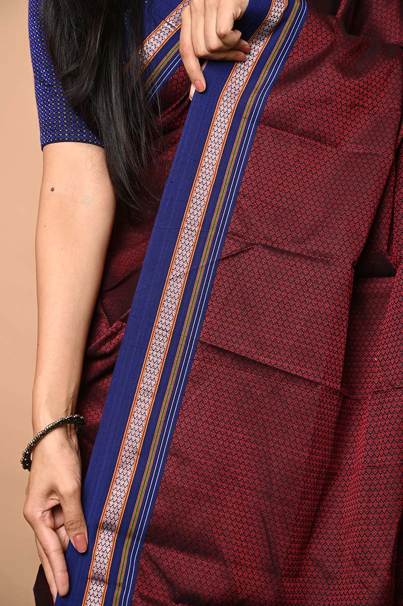 Traditional Khun Saree - Cotton Resham Authentic Handwoven, Maroon with Blue Border