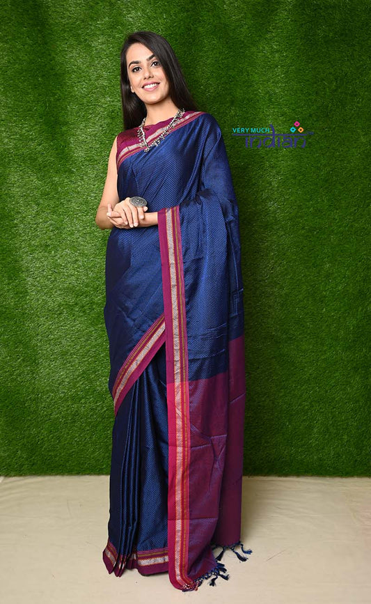 Traditional Khun Saree - Cotton Resham Authentic Handwoven, Bright Blue Khun Saree with Magenta border