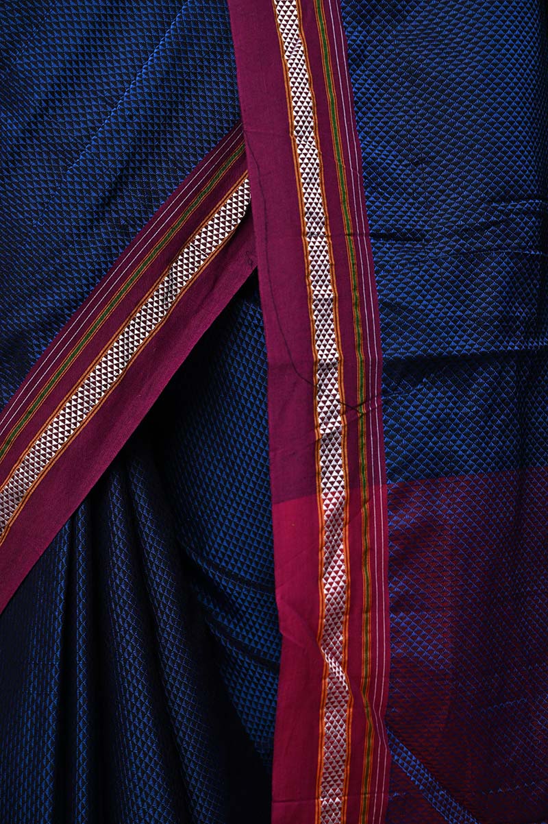 Traditional Khun Saree - Cotton Resham Authentic Handwoven, Bright Blue Khun Saree with Magenta border