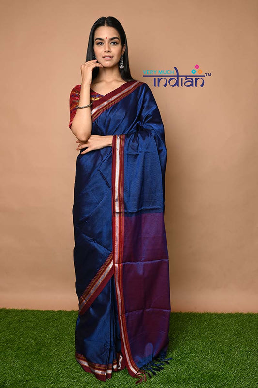 Traditional Khun Saree - Cotton Resham Authentic Handwoven Saree, Ink Blue with Maroon Border