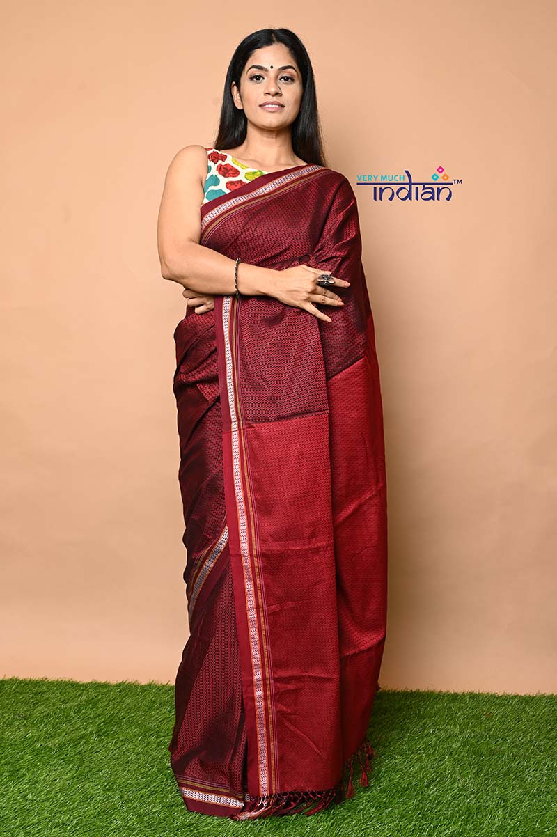 Traditional Khun Saree – Cotton Resham Authentic Handwoven Saree, Maroon Red with Red Border