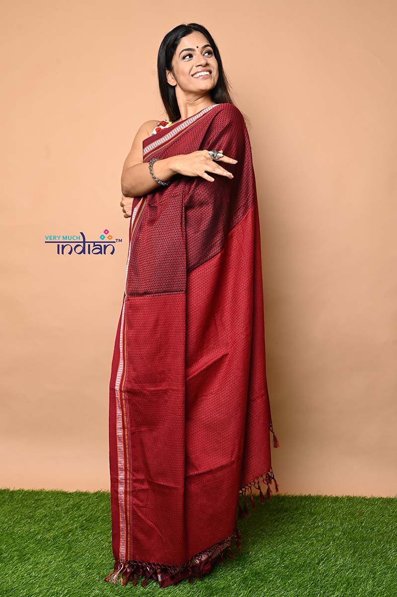 Traditional Khun Saree – Cotton Resham Authentic Handwoven Saree, Maroon Red with Red Border
