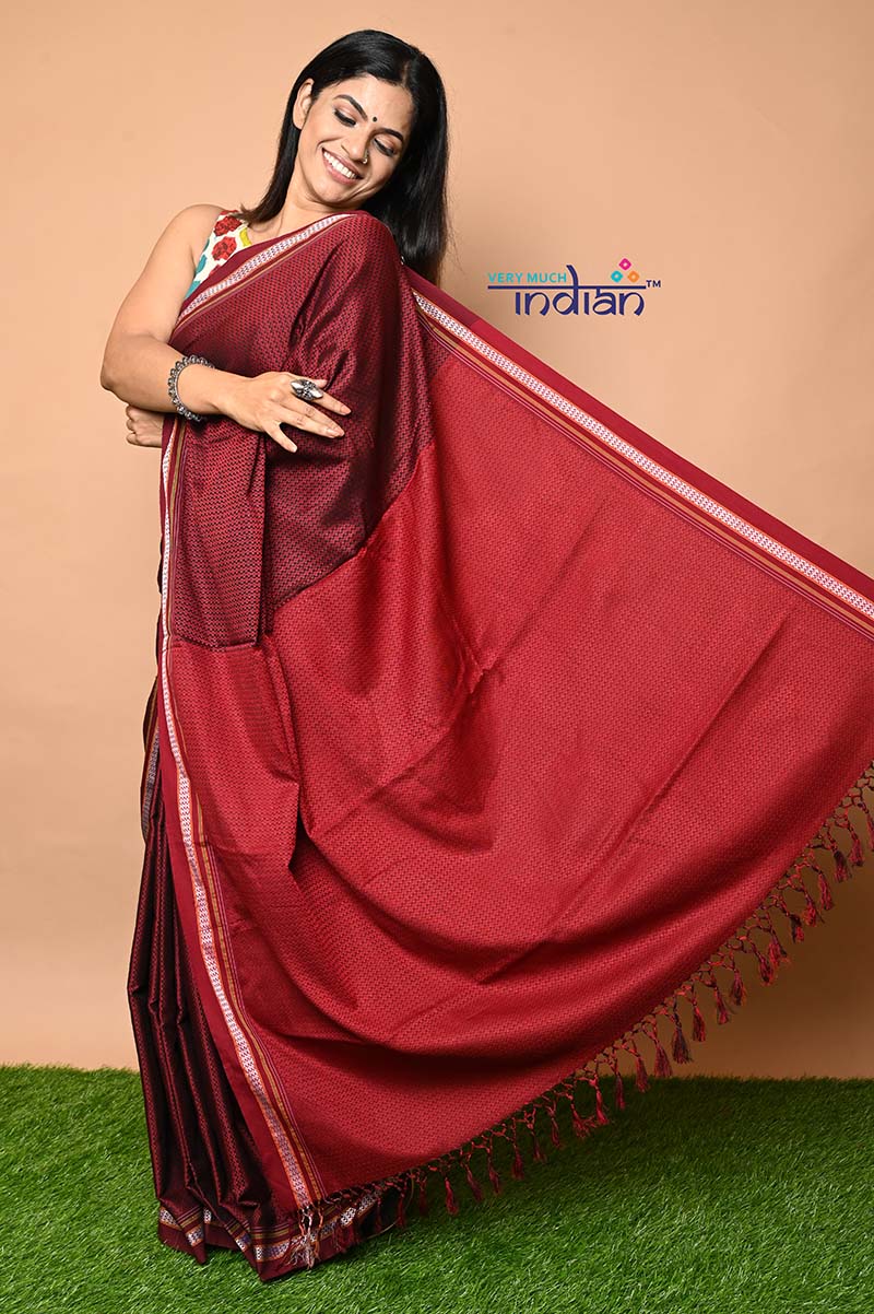 Traditional Khun Saree – Cotton Resham Authentic Handwoven Saree, Maroon Red with Red Border