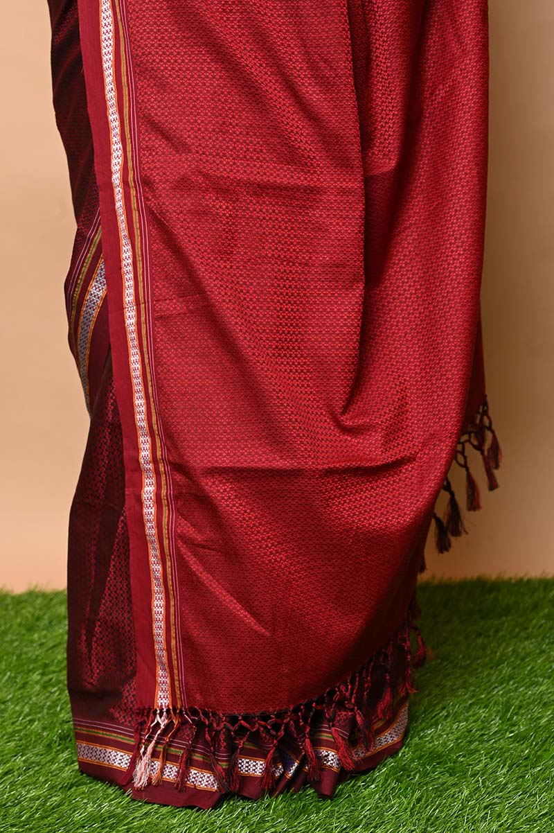 Traditional Khun Saree – Cotton Resham Authentic Handwoven Saree, Maroon Red with Red Border
