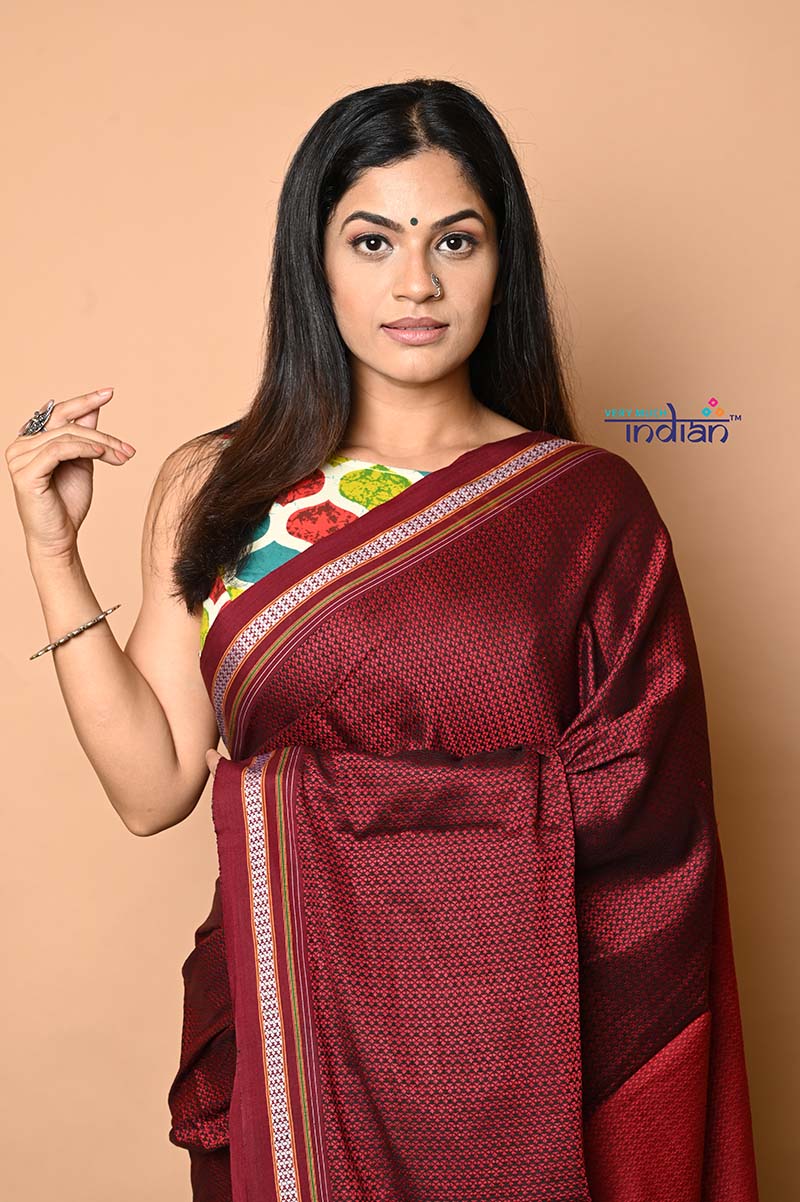 Traditional Khun Saree – Cotton Resham Authentic Handwoven Saree, Maroon Red with Red Border