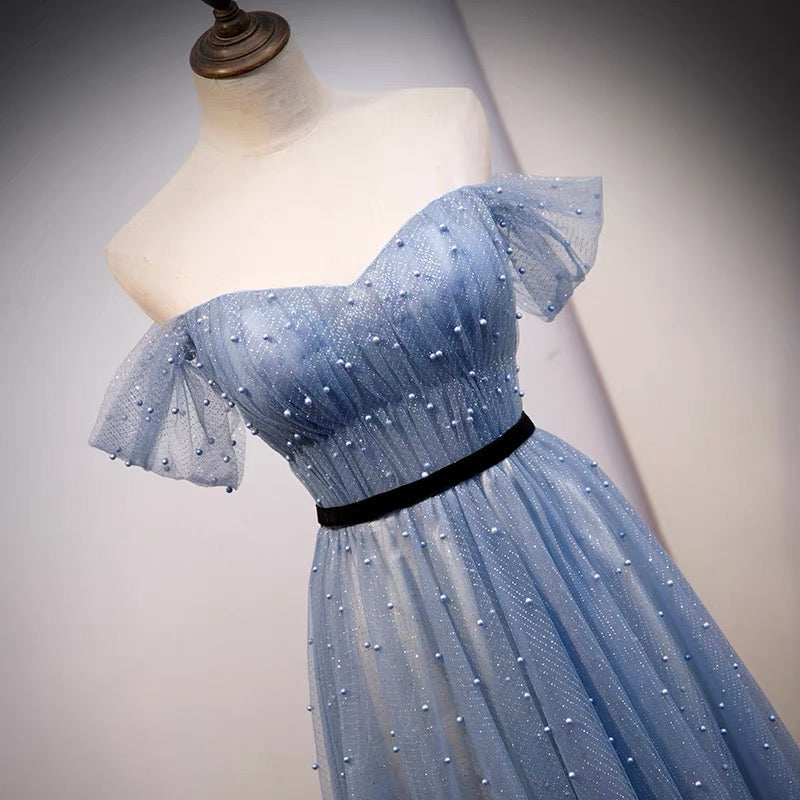 Tulle Dusty Blue Flowy Long Prom Dress