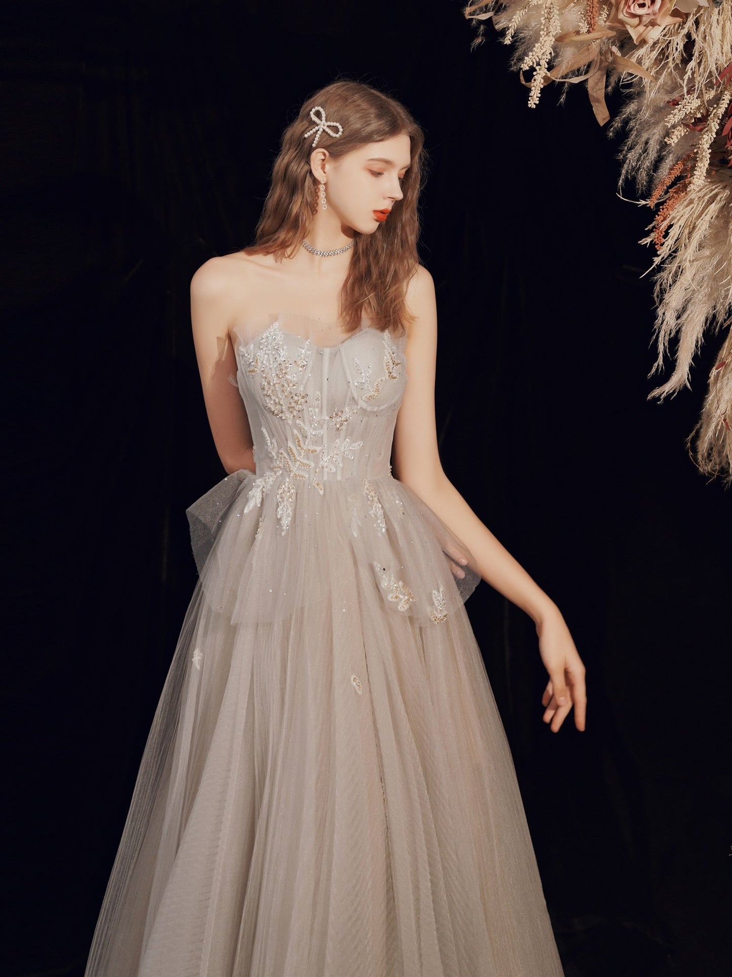 Tulle Flowy Boho Light Gray Prom Dress