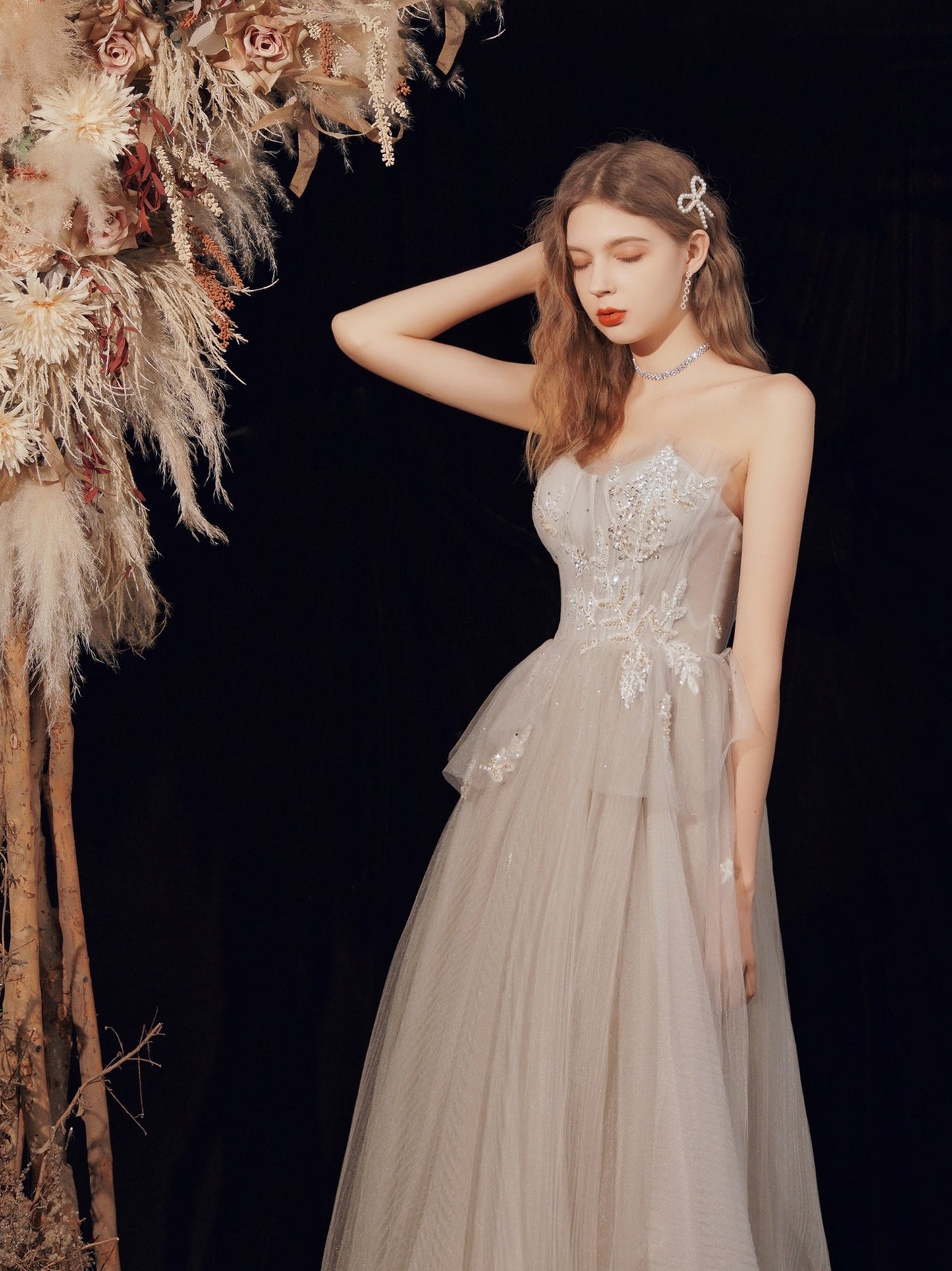 Tulle Flowy Boho Light Gray Prom Dress