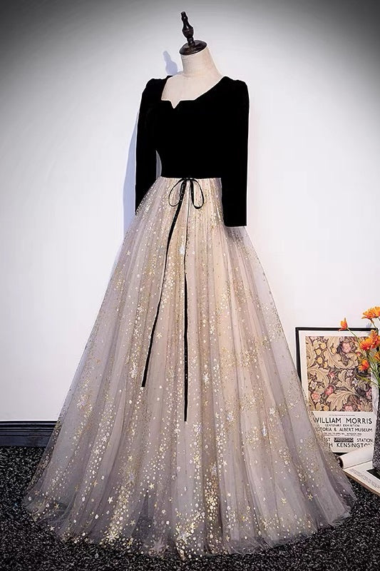 Unique Black Velvet Prom Dress with Glitter Bottom