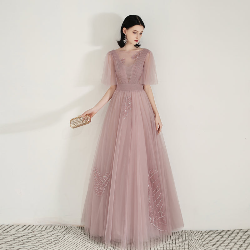 Unique Dusty Rose Long Flowy Prom Dress