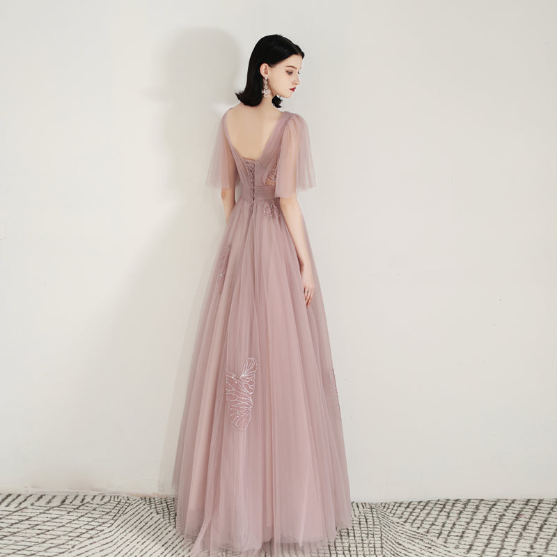 Unique Dusty Rose Long Flowy Prom Dress