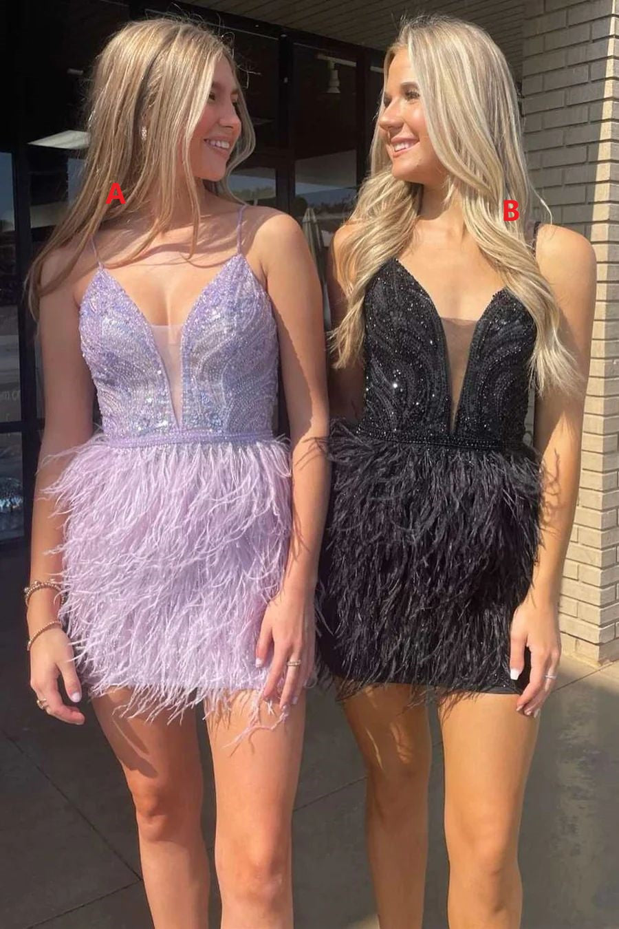 Glitter Bead Top Feather Skirt Cocktail Homecoming Dress