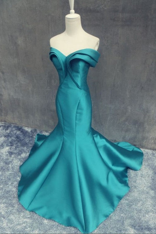 Unique Off Shoulders Turquoise Mermaid Prom Dress,21121012