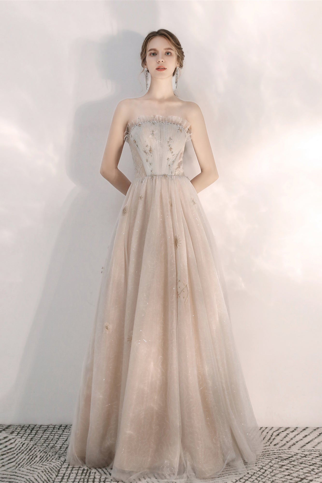 Unique Strapless Champagne Formal Prom Dress