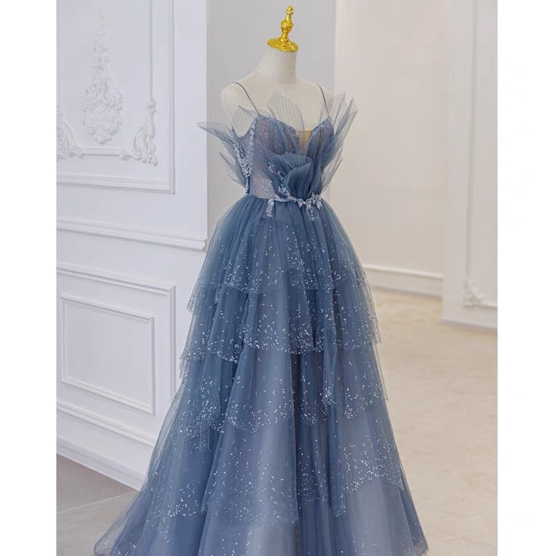 Unique Tulle Tiered Dusty Blue Prom Dress