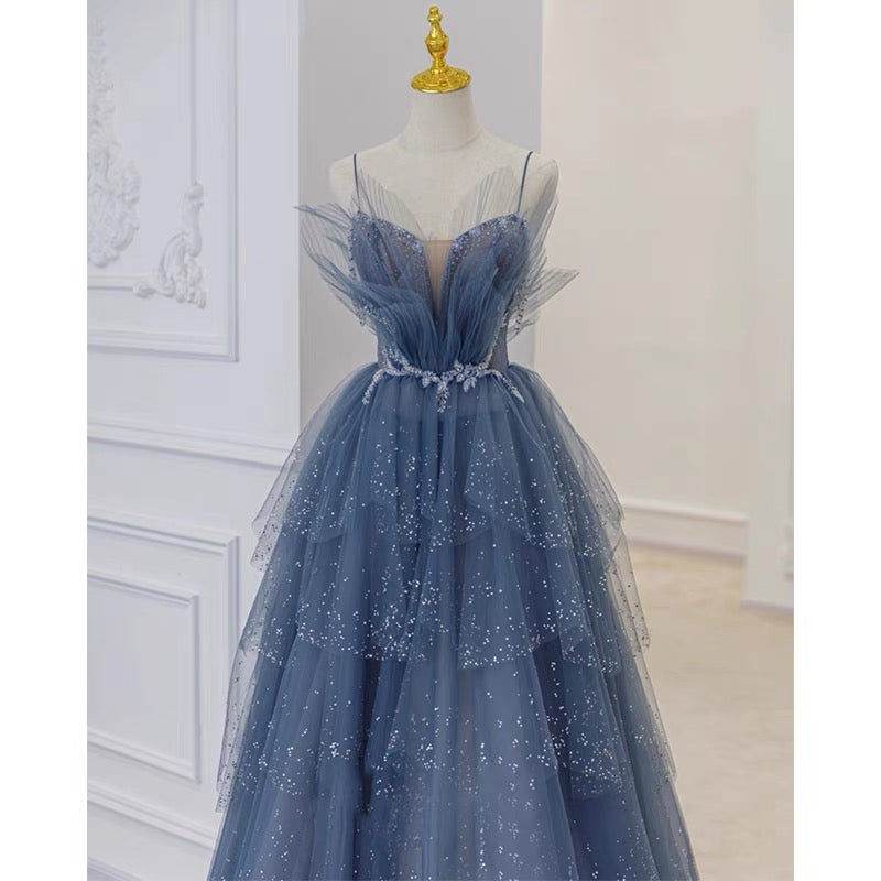 Unique Tulle Tiered Dusty Blue Prom Dress