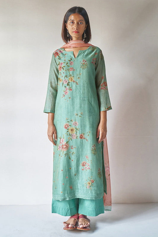 Turquoise Woven Linen Printed Suit with Printed Chiffon Dupatta