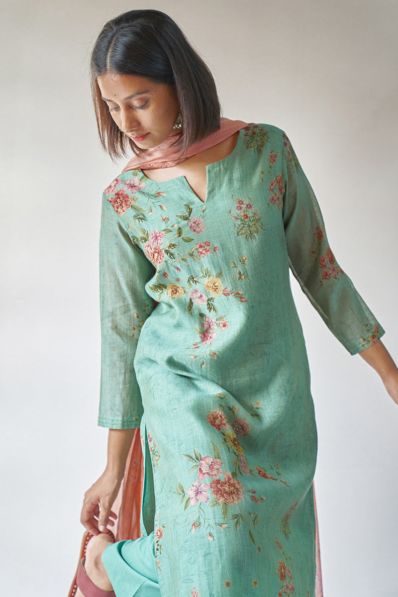 Turquoise Woven Linen Printed Suit with Printed Chiffon Dupatta