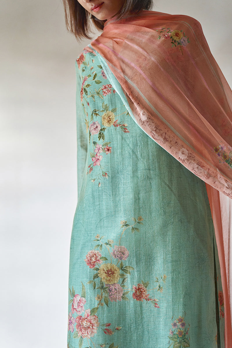 Turquoise Woven Linen Printed Suit with Printed Chiffon Dupatta