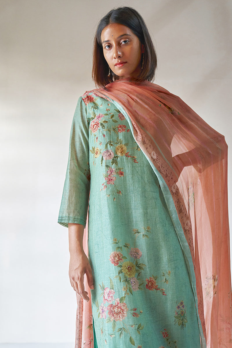 Turquoise Woven Linen Printed Suit with Printed Chiffon Dupatta