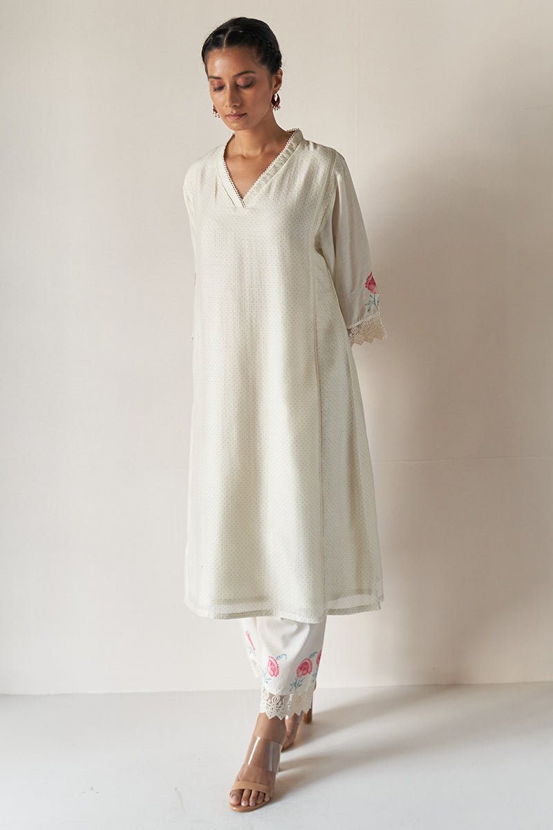 Ivory Polka Dot Moonga Silk Printed Kurta with Lace Detailing And Cotton Butta Printed Bottom