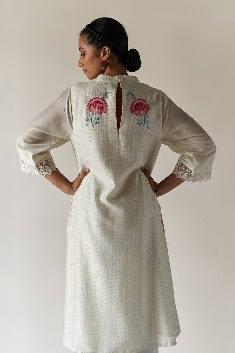 Ivory Polka Dot Moonga Silk Printed Kurta with Lace Detailing And Cotton Butta Printed Bottom