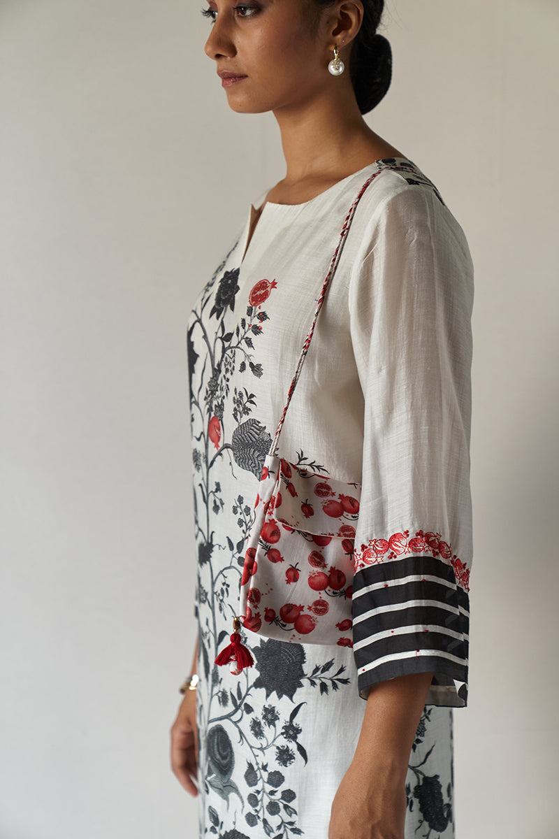 Pomegranate Tree Printed Moonga Silk Kurta with Embroidered Sleeves and Cotton Bottom