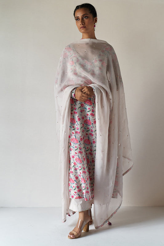 Ivory and Pink Chintz Printed Moonga Silk Kurta with Organza Dupatta with Tassels and Golden Foil